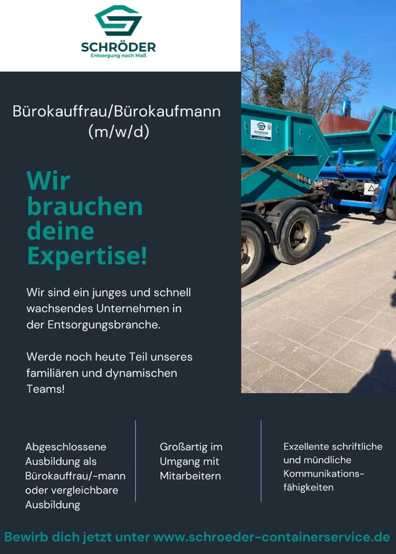 Stellenanzeige: Bürokauffrau/Bürokaufmann bei Schröder GmbH.